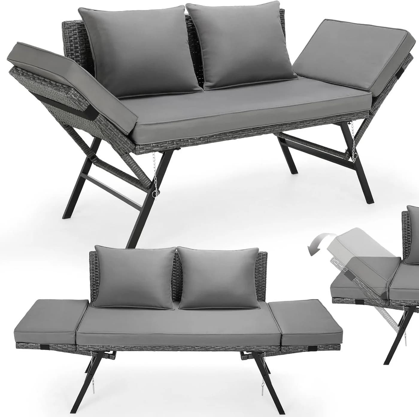 TLGREEN Gartenbank mit Liegefunktion, Wetterfest UV-beständig Rattan Gartensofa 2 Personen Grau/Beige - Bild 2