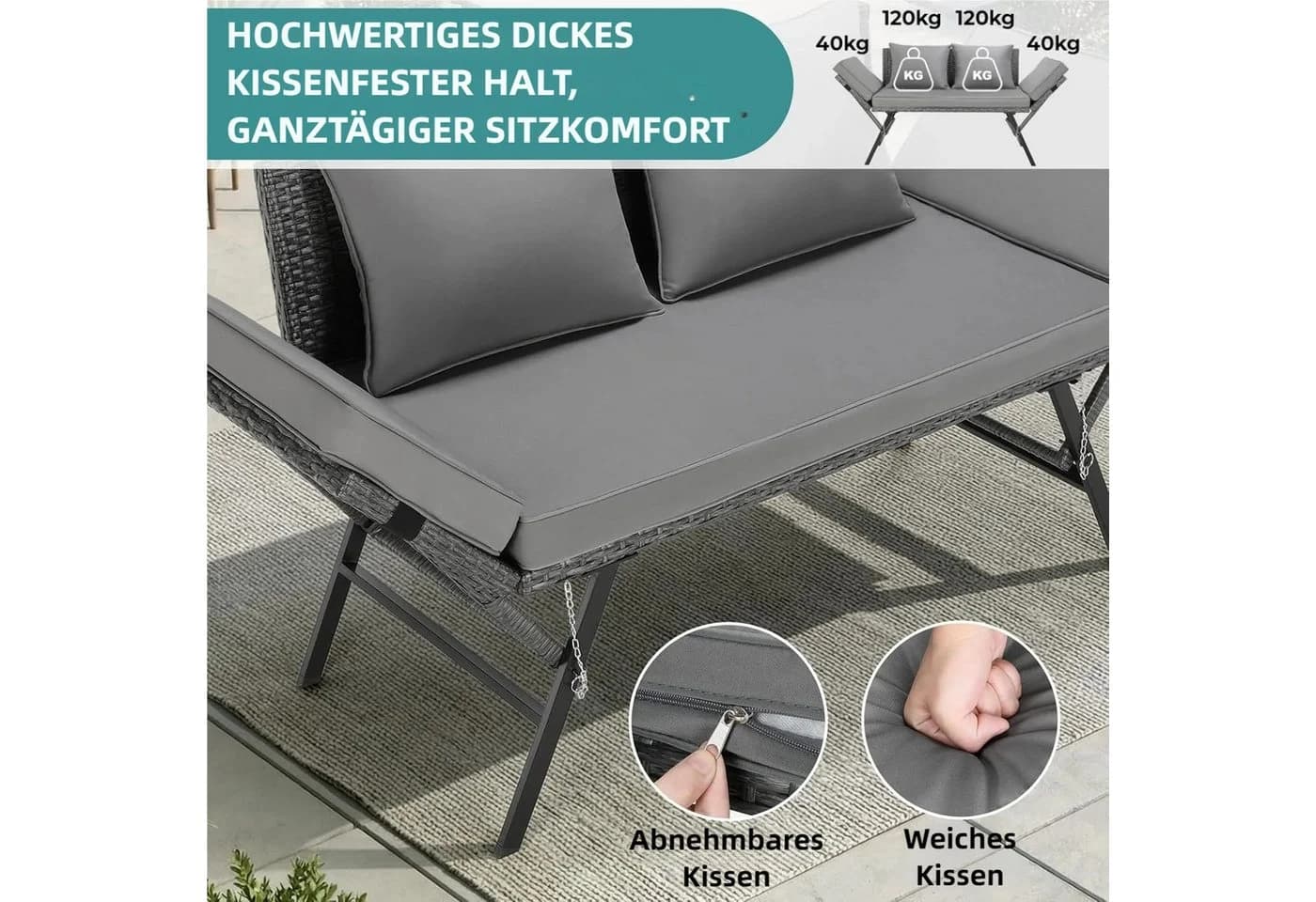 TLGREEN Gartenbank mit Liegefunktion, Wetterfest UV-beständig Rattan Gartensofa 2 Personen Grau/Beige - Bild 4