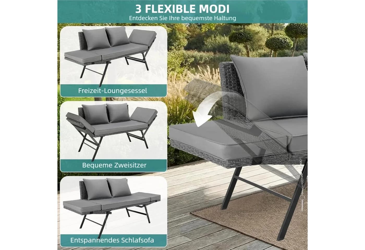 TLGREEN Gartenbank mit Liegefunktion, Wetterfest UV-beständig Rattan Gartensofa 2 Personen Grau/Beige - Bild 5