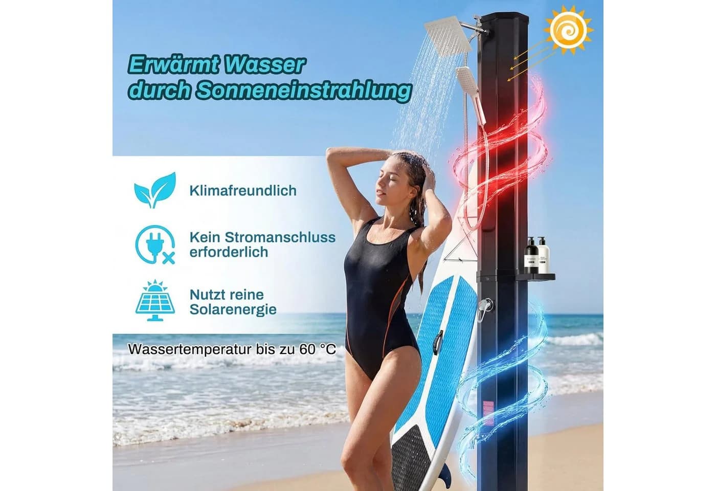 TLGREEN Solardusche 40L mit Handbrause, Regenduschkopf & Fußdusche Schwarz - Bild 3