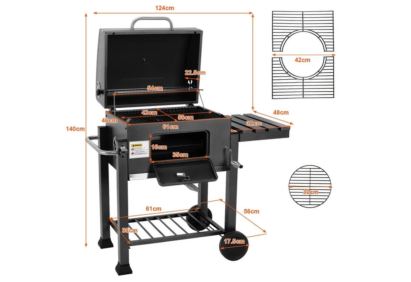 TLGREEN Holzkohlegrill Grillwagen XXL Schwarz Grau