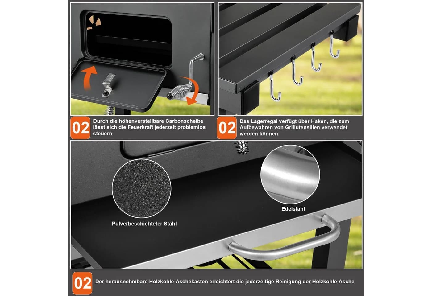 TLGREEN Holzkohlegrill Grillwagen XXL Schwarz Grau - Bild 5