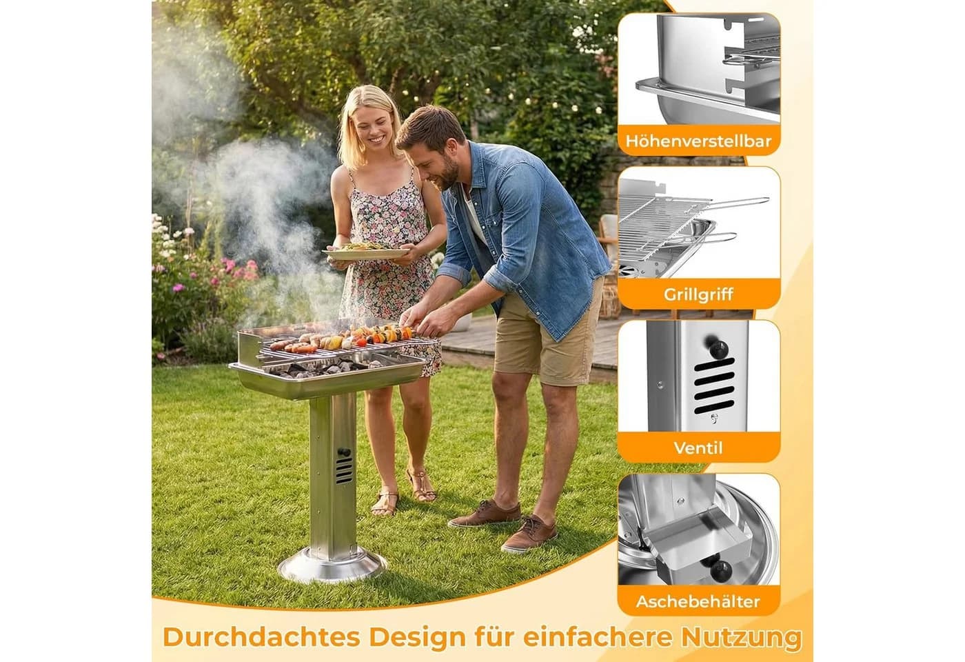 TLGREEN Holzkohlegrill Edelstahl wetterfest 52x32x84cm - Bild 3