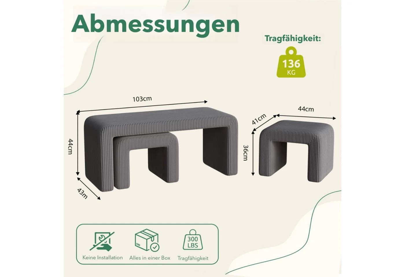 TLGREEN Sitzbank 103 cm × 44 cm × 43cm Polsterbank Set mit Fußhocker - Bild 1