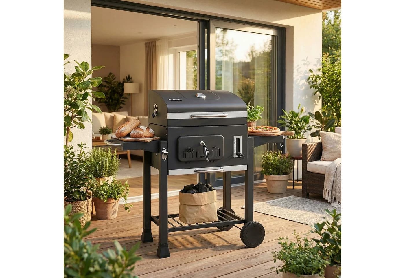 TLGREEN Holzkohlegrill XXL Grillwagen Schwarz mit Thermometer & 2 Rädern - Bild 2