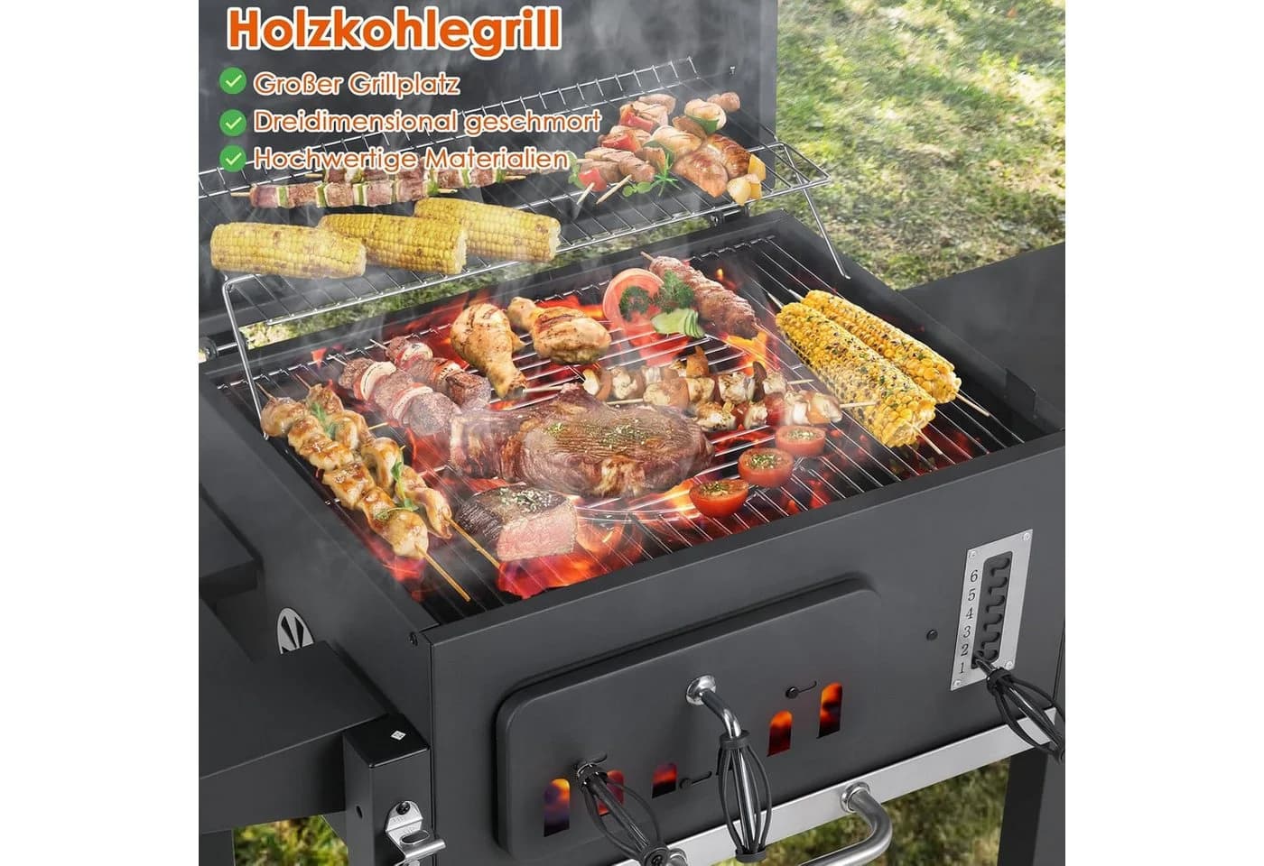 TLGREEN Holzkohlegrill XXL Grillwagen Schwarz mit Thermometer & 2 Rädern - Bild 5