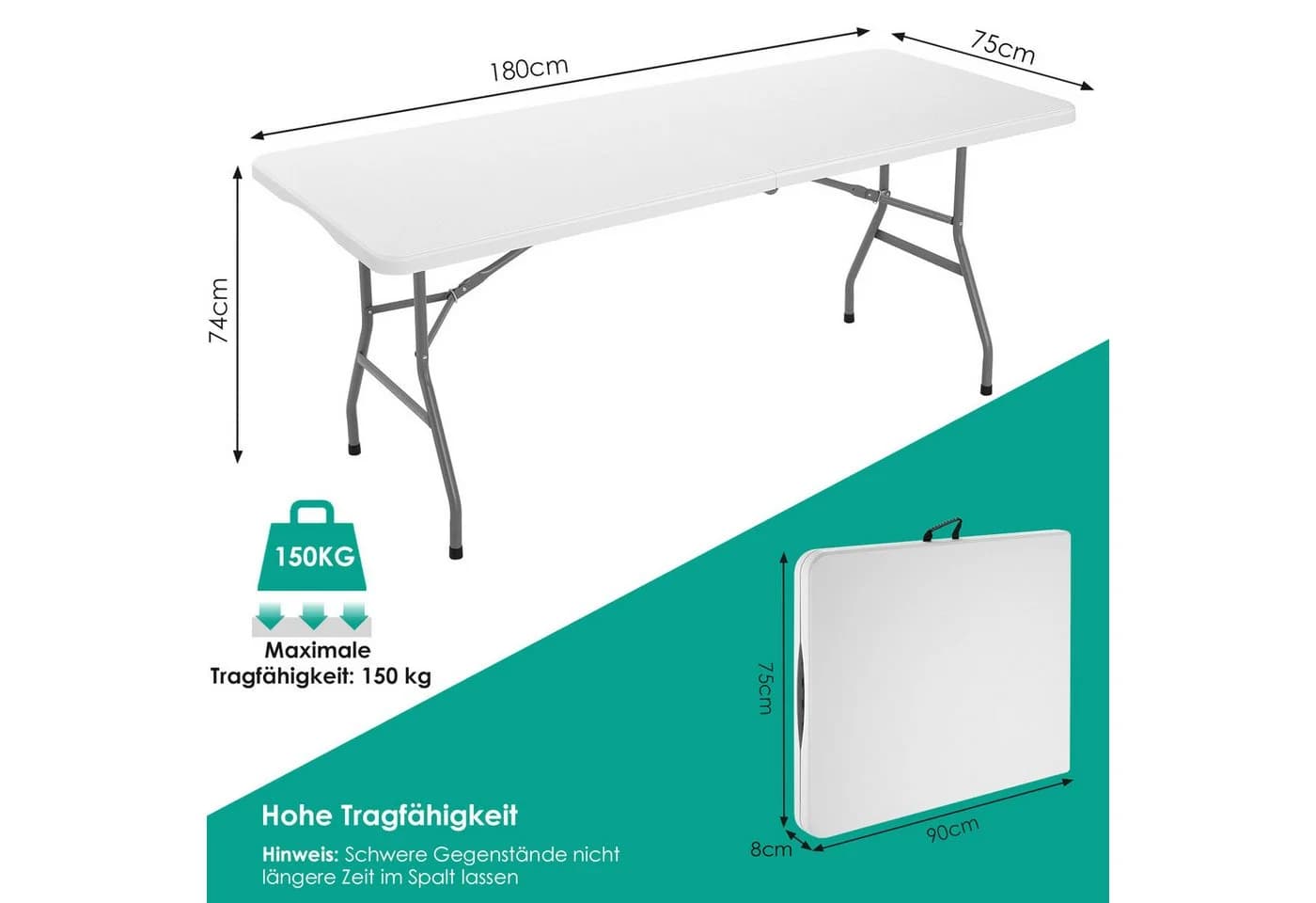 TLGREEN Klappbarer Gartentisch 180x75x74cm Weiß Kunststoff