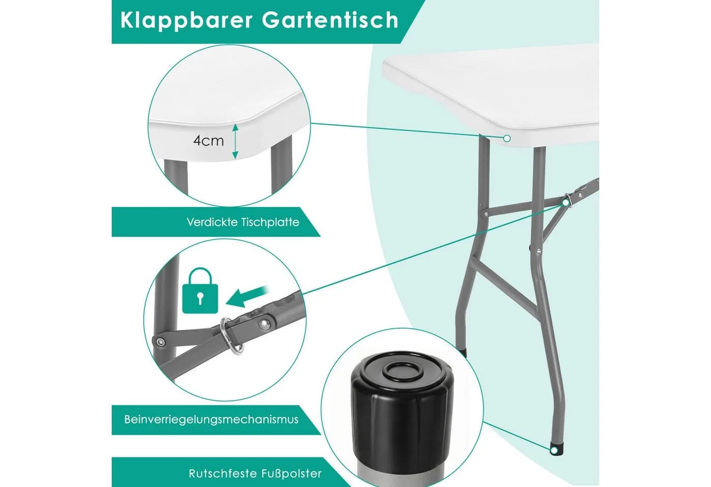 TLGREEN Klappbarer Gartentisch 180x75x74cm Weiß Kunststoff - Bild 3