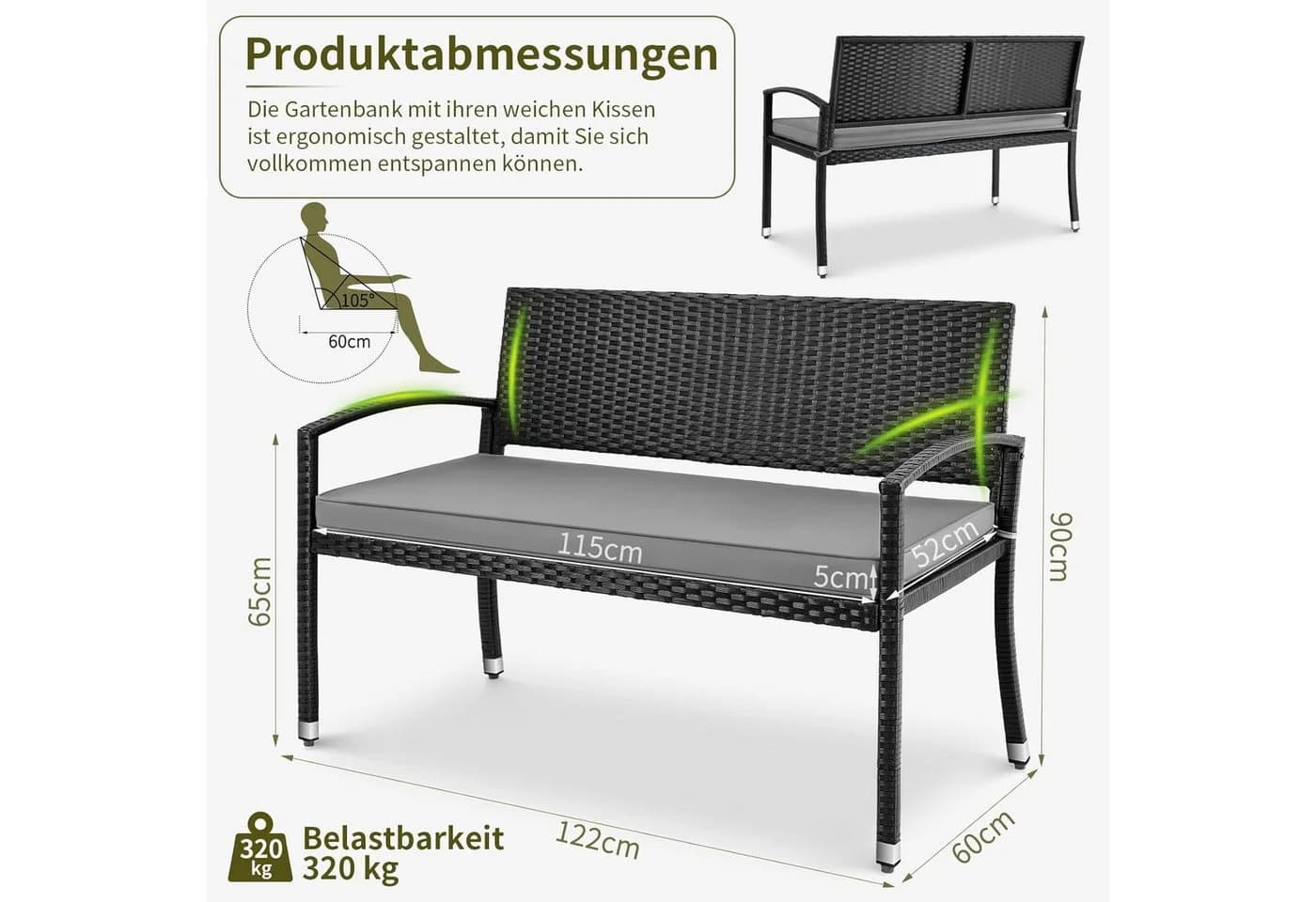 TLGREEN Gartenbank 2-Sitzer Rattan-Sofa mit Kissen