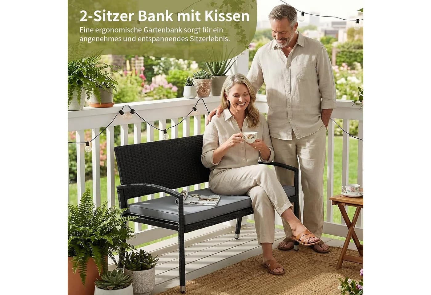 TLGREEN Gartenbank 2-Sitzer Rattan-Sofa mit Kissen - Bild 3