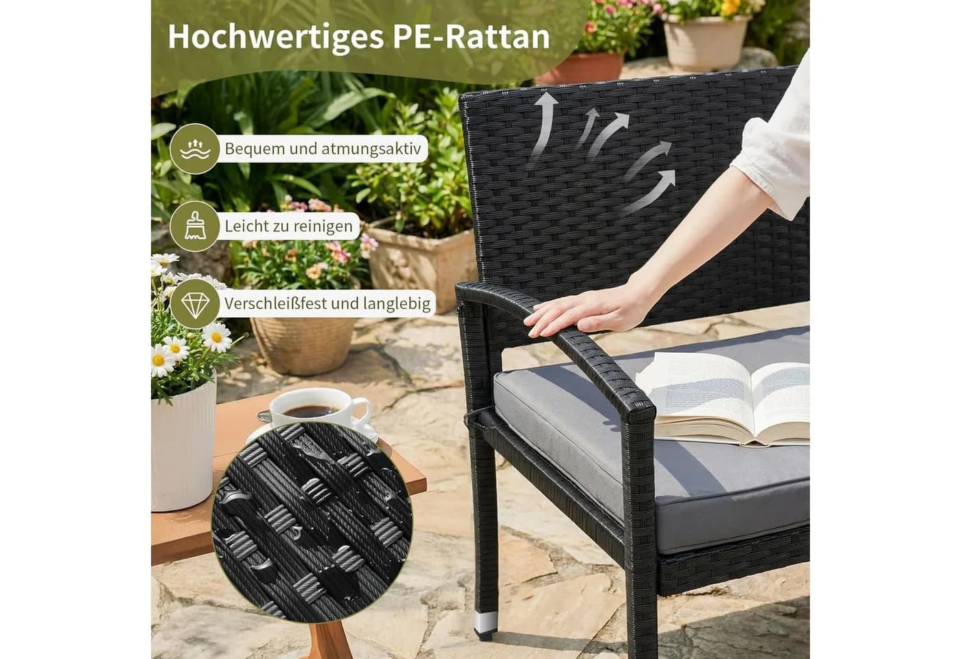 TLGREEN Gartenbank 2-Sitzer Rattan-Sofa mit Kissen - Bild 4