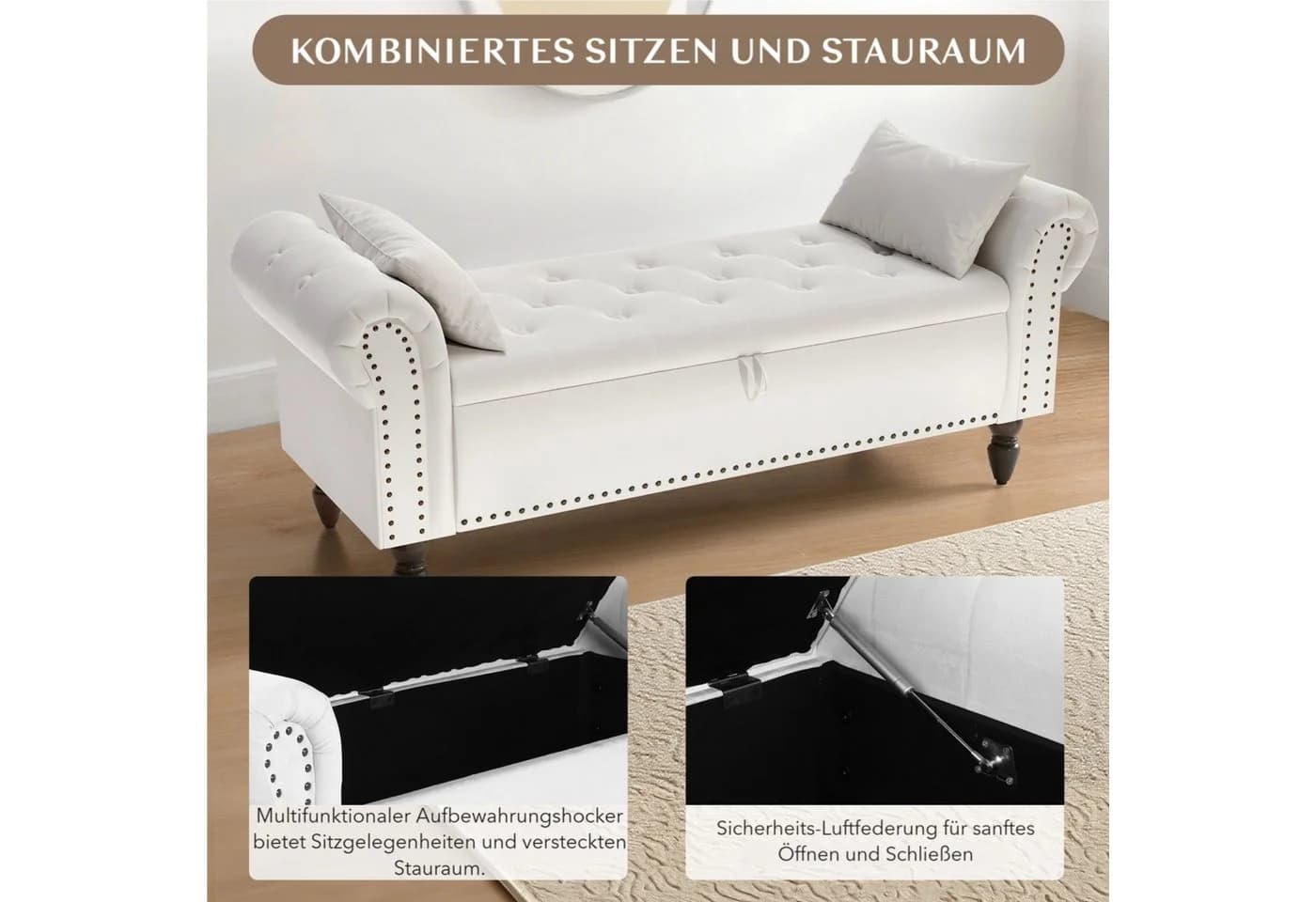 TLGREEN Bettbank Doppelter Hocker mit Stauraum Beige Samt - Bild 3