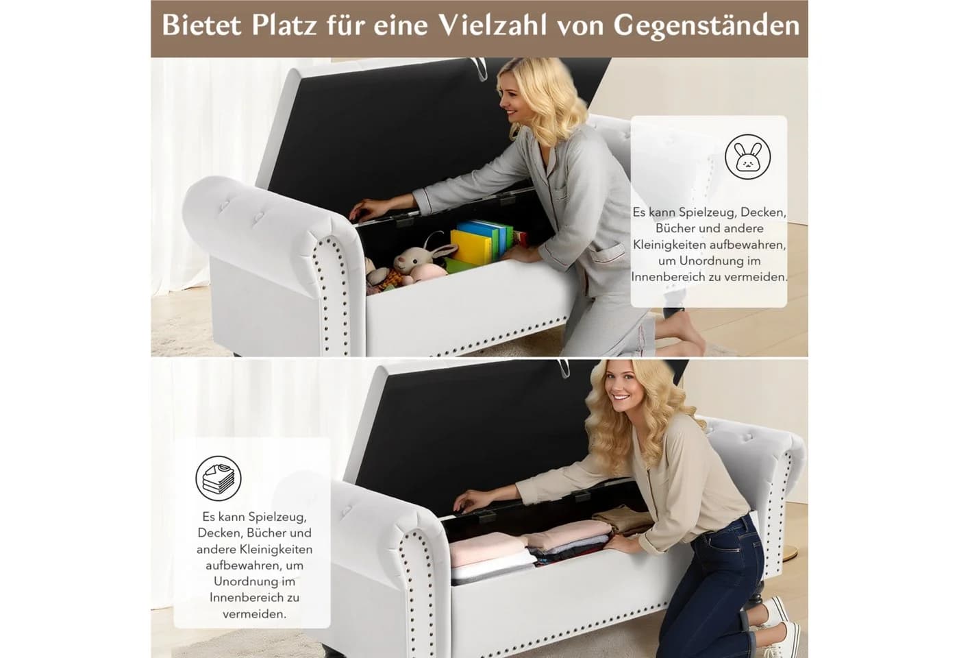 TLGREEN Bettbank Doppelter Hocker mit Stauraum Beige Samt - Bild 4