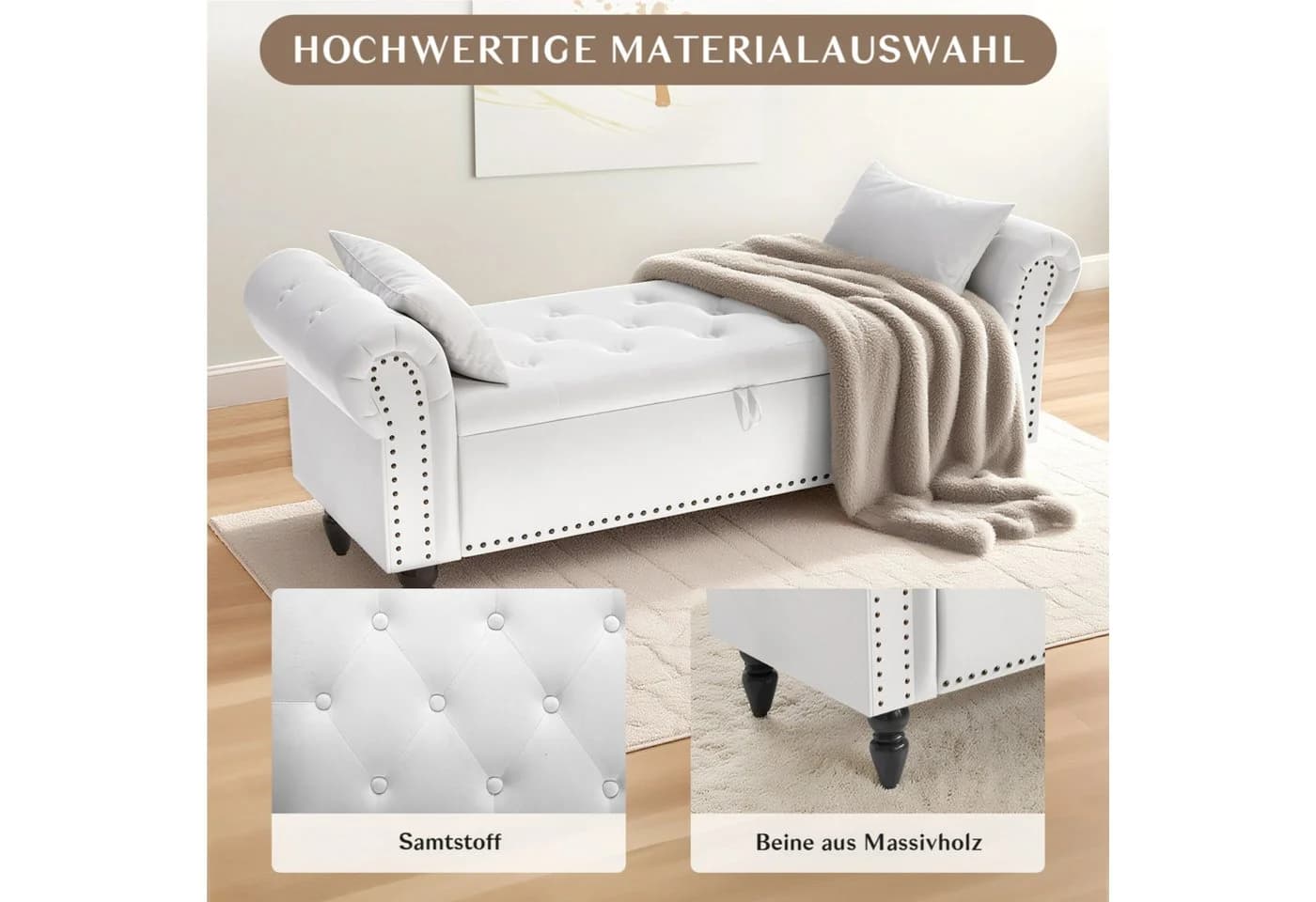 TLGREEN Bettbank Doppelter Hocker mit Stauraum Beige Samt - Bild 5