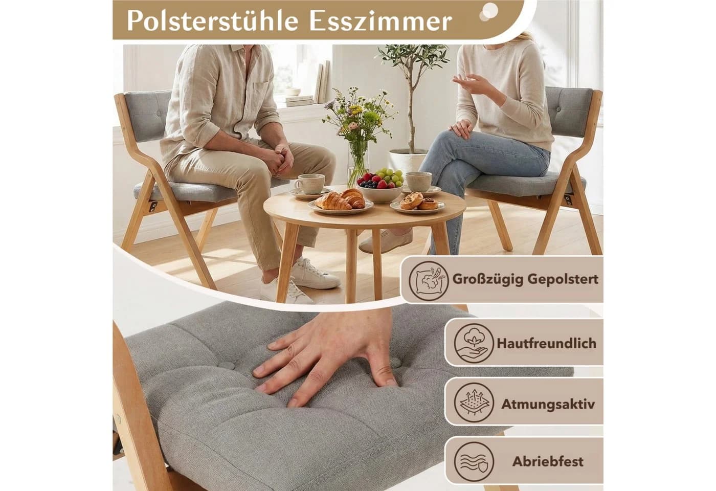 TLGREEN Klappstuhl Küchenstuhl 2er Set gepolstert Grau - Bild 3