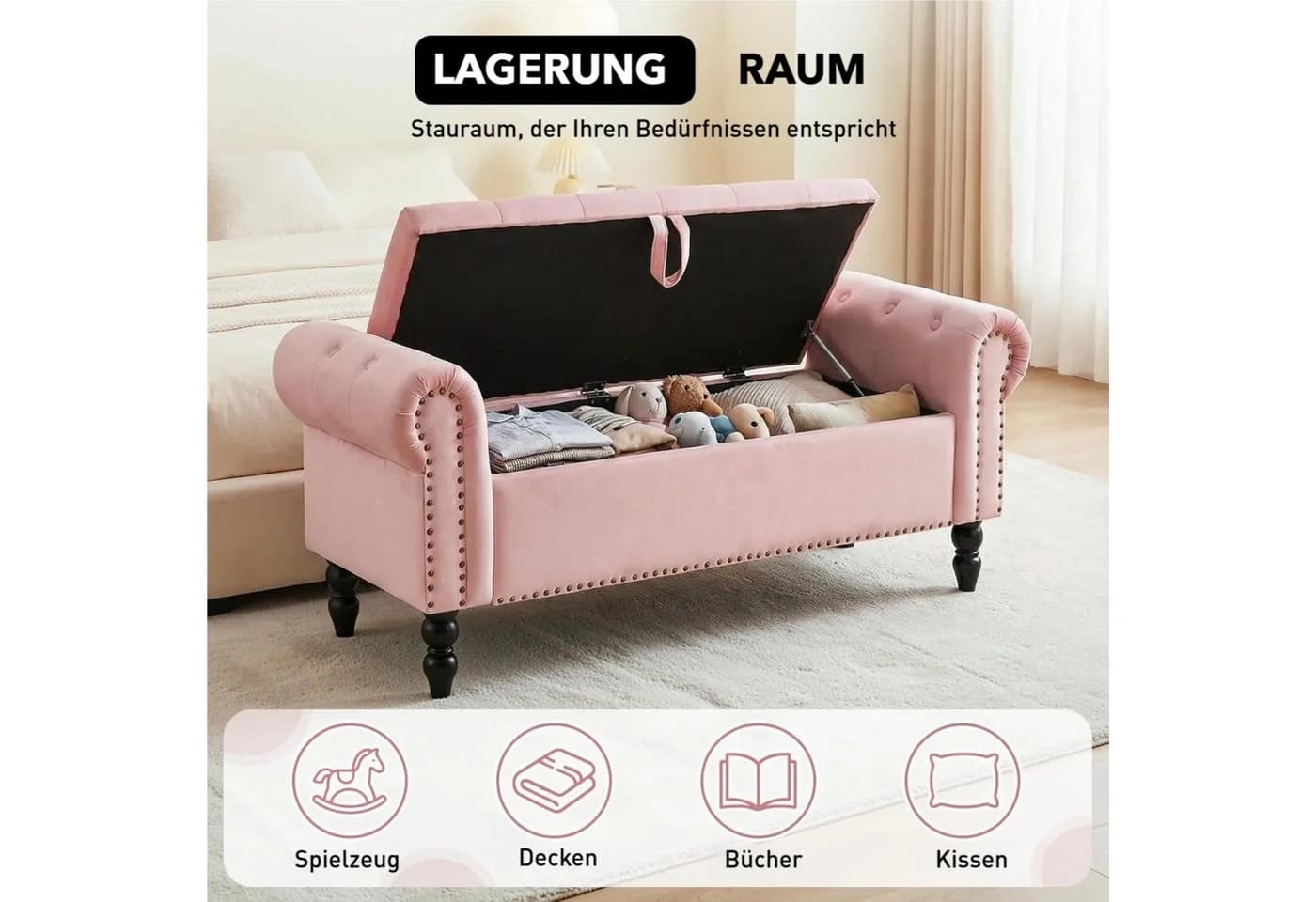 TLGREEN Bettbank Rosa Samt mit Stauraum & Massivholzbeinen - Bild 4