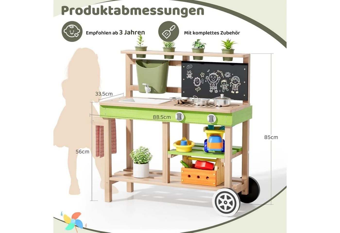 TLGREEN Outdoor-Spielküche Holz mit Wasserhahn und Rädern