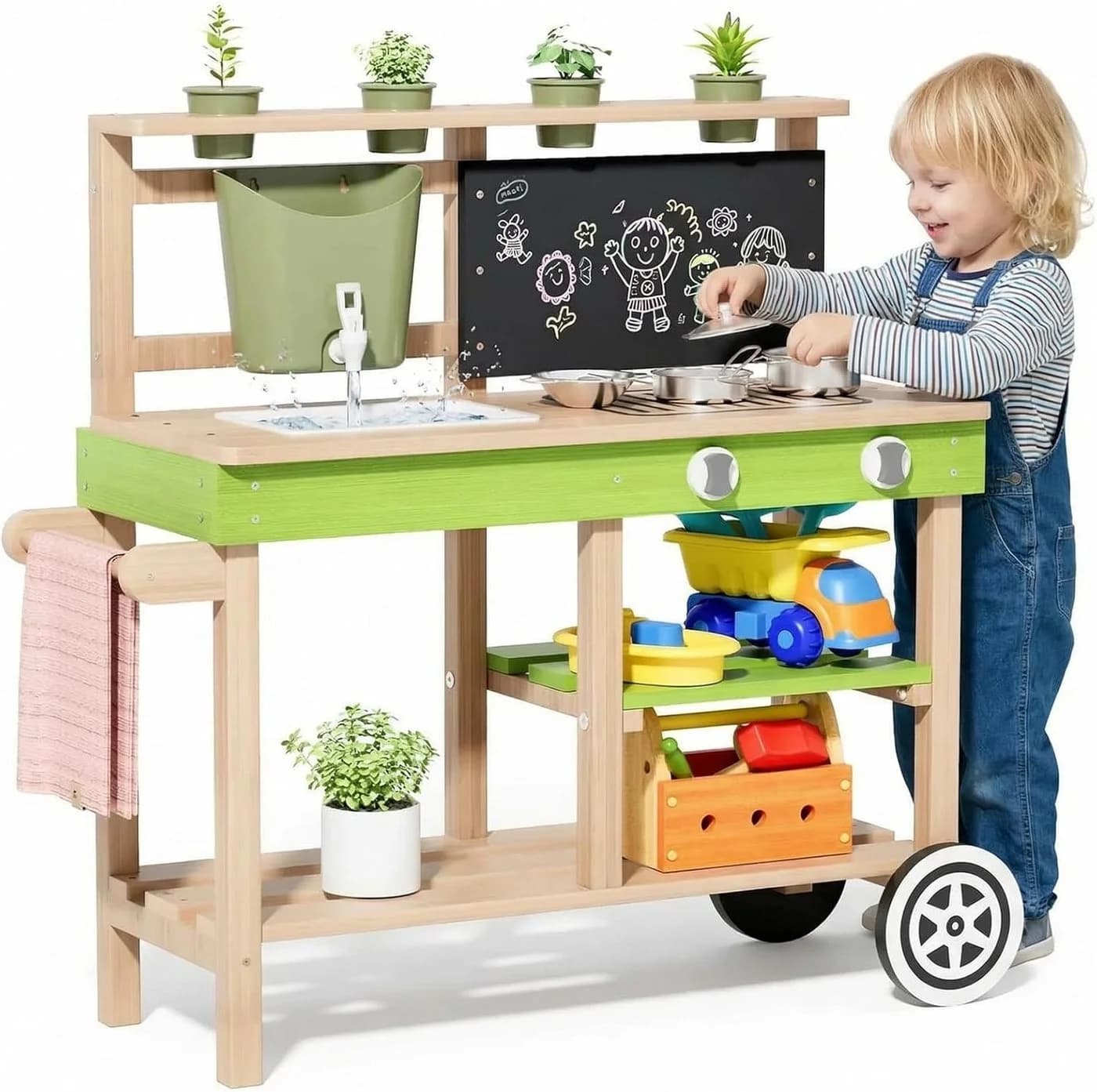 TLGREEN Outdoor-Spielküche Holz mit Wasserhahn und Rädern - Bild 2