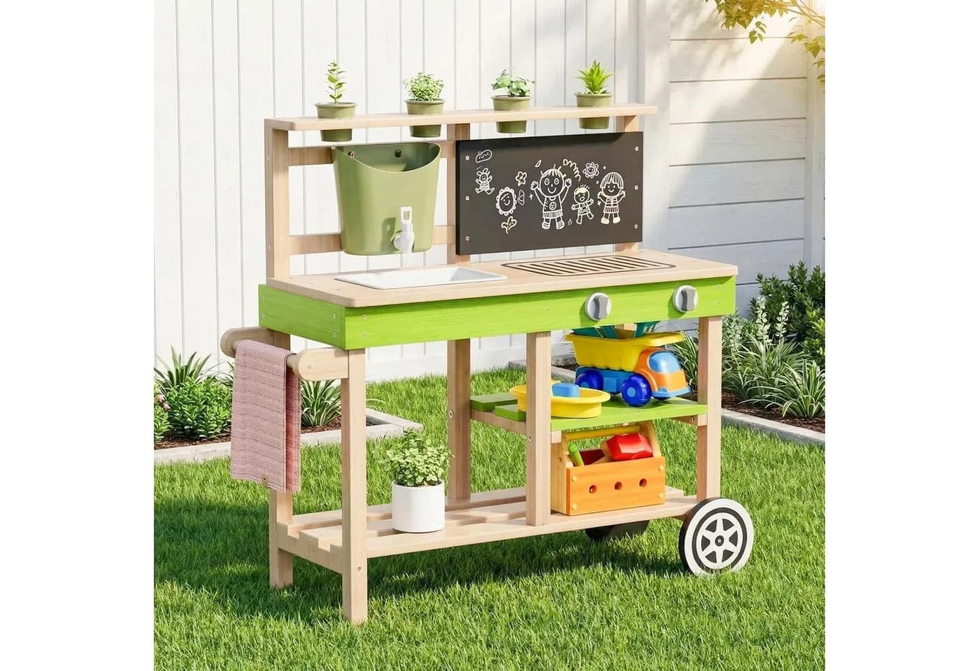 TLGREEN Outdoor-Spielküche Holz mit Wasserhahn und Rädern - Bild 3