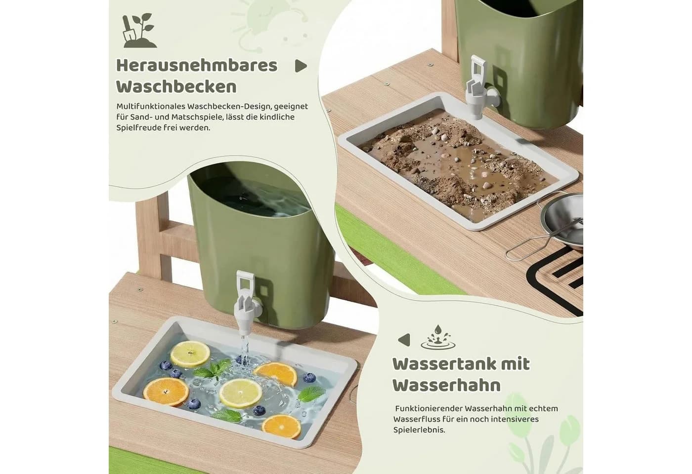TLGREEN Outdoor-Spielküche Holz mit Wasserhahn und Rädern - Bild 4