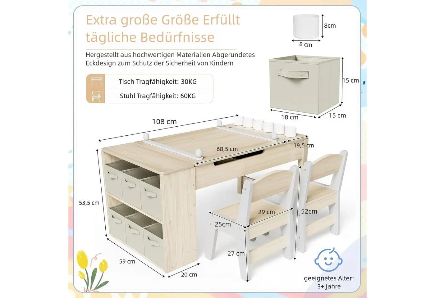 TLGREEN Kindertisch Set Höhenverstellbar mit 2 Stühlen