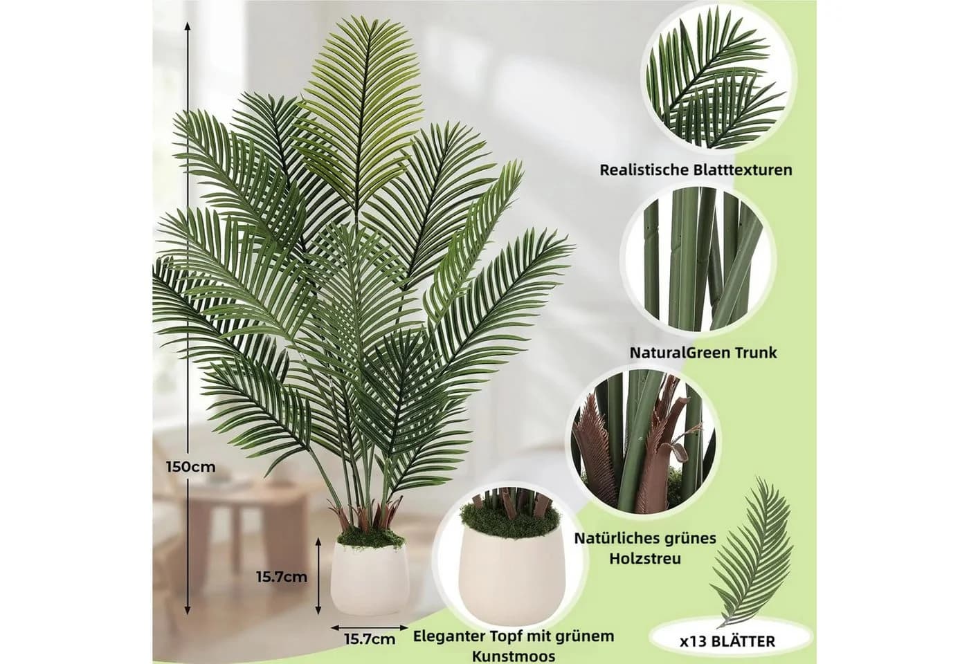 TLGREEN Künstliche Areca Palme 150cm Grün mit Übertopf - Bild 3