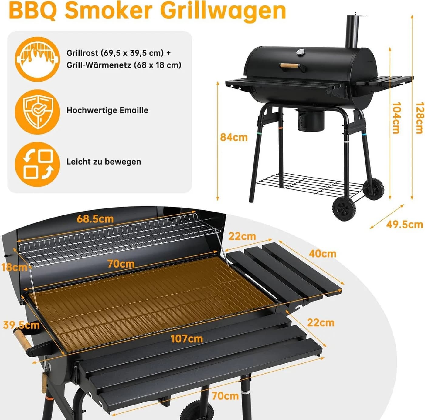 TLGREEN Holzkohlegrill BBQ Smoker mit Schornstein & Thermometer, Schwarz