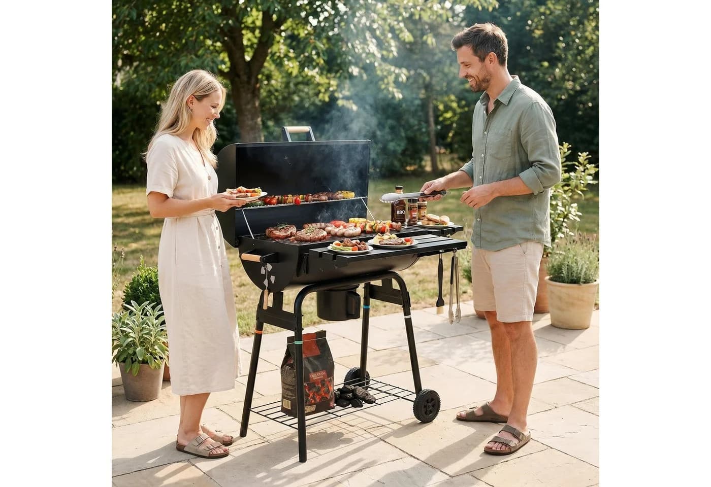 TLGREEN Holzkohlegrill BBQ Smoker mit Schornstein & Thermometer, Schwarz - Bild 2