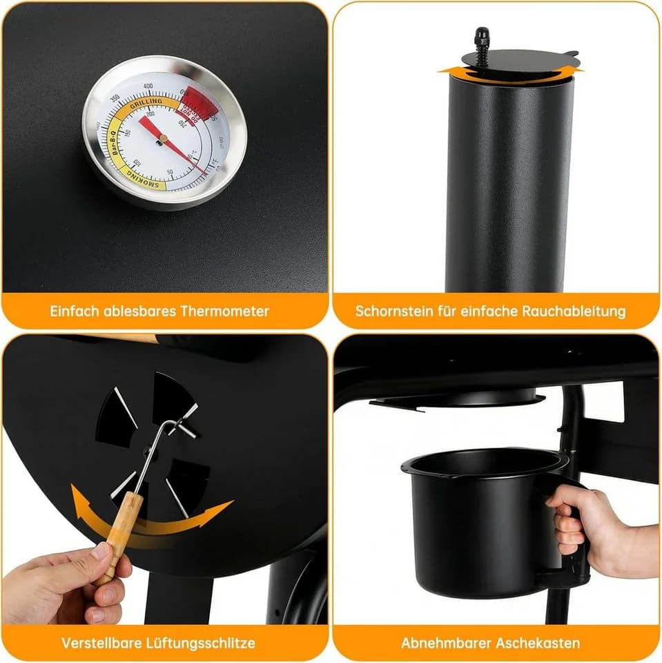 TLGREEN Holzkohlegrill BBQ Smoker mit Schornstein & Thermometer, Schwarz - Bild 3