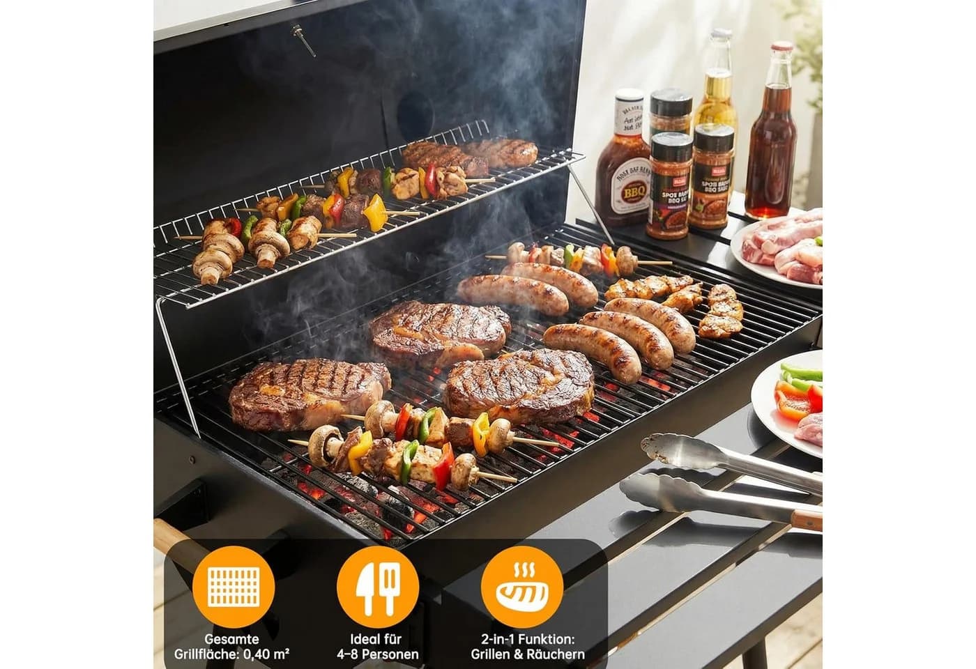 TLGREEN Holzkohlegrill BBQ Smoker mit Schornstein & Thermometer, Schwarz - Bild 5