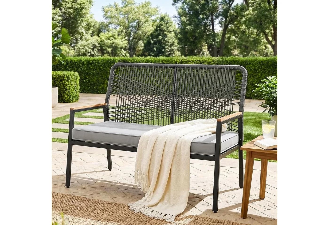 TLGREEN Gartenbank Rattan 2-Sitzer Grau mit Kissen - Bild 2