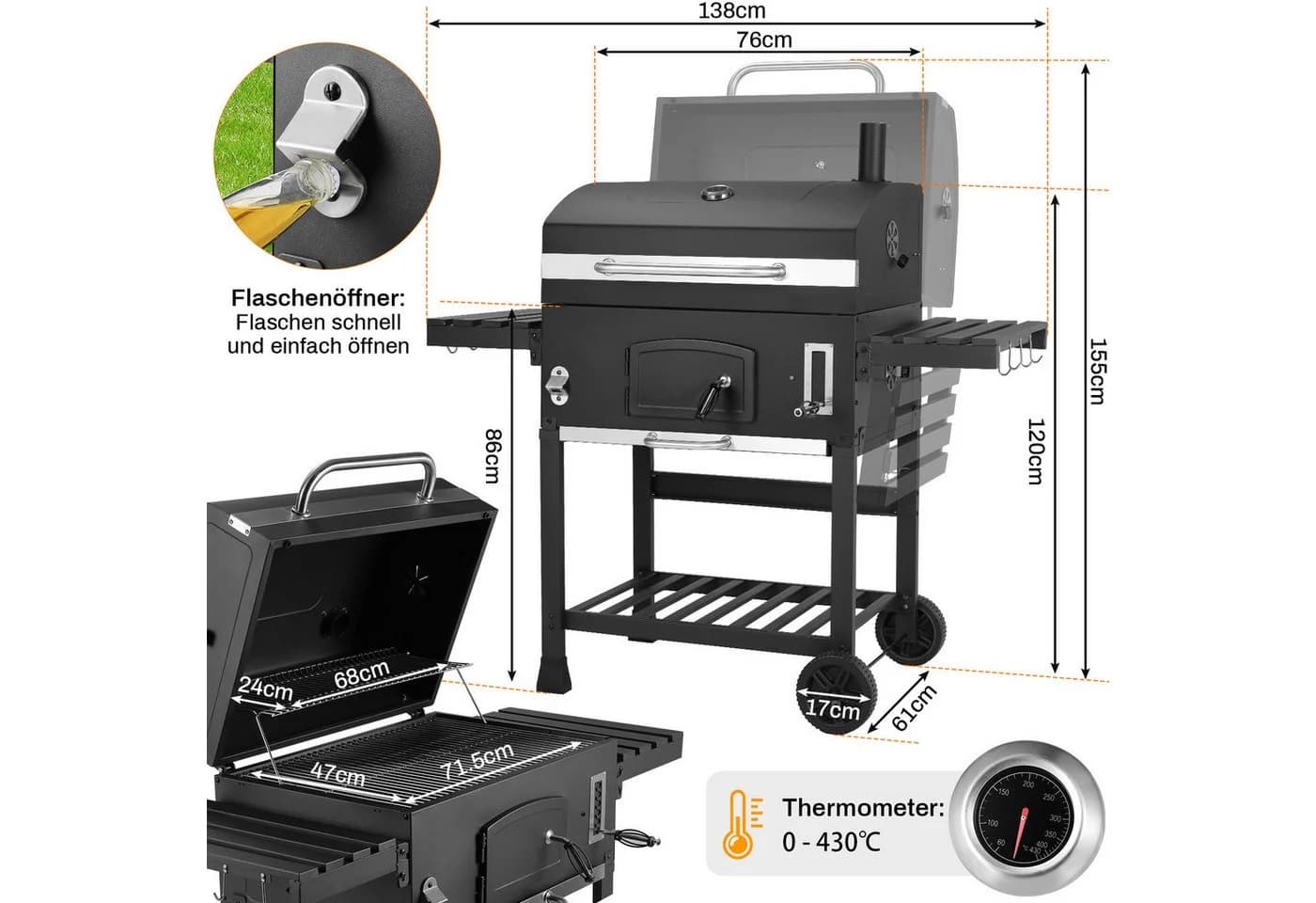 TLGREEN Holzkohlegrill XXL Schwarz mit Thermometer und Rädern