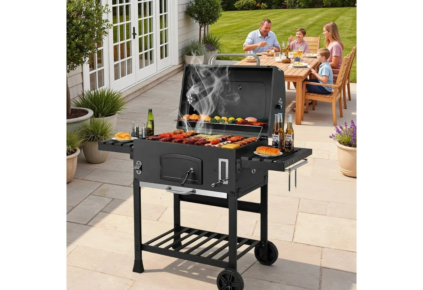 TLGREEN Holzkohlegrill XXL Schwarz mit Thermometer und Rädern - Bild 2