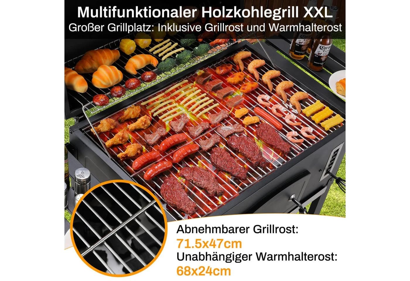 TLGREEN Holzkohlegrill XXL Schwarz mit Thermometer und Rädern - Bild 4