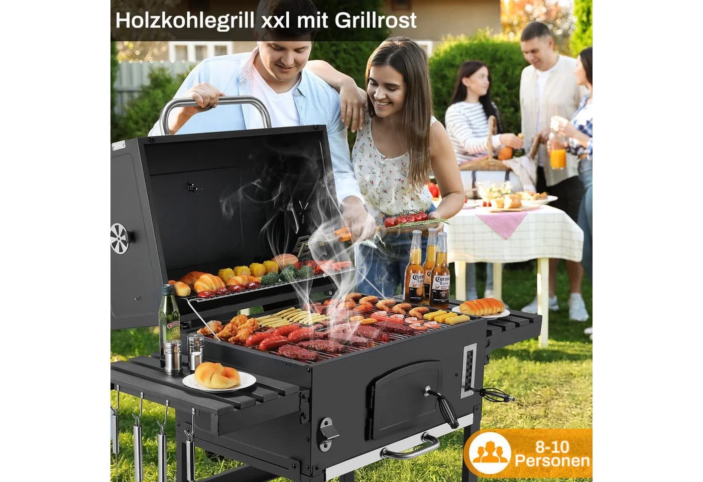 TLGREEN Holzkohlegrill XXL Schwarz mit Thermometer und Rädern - Bild 5