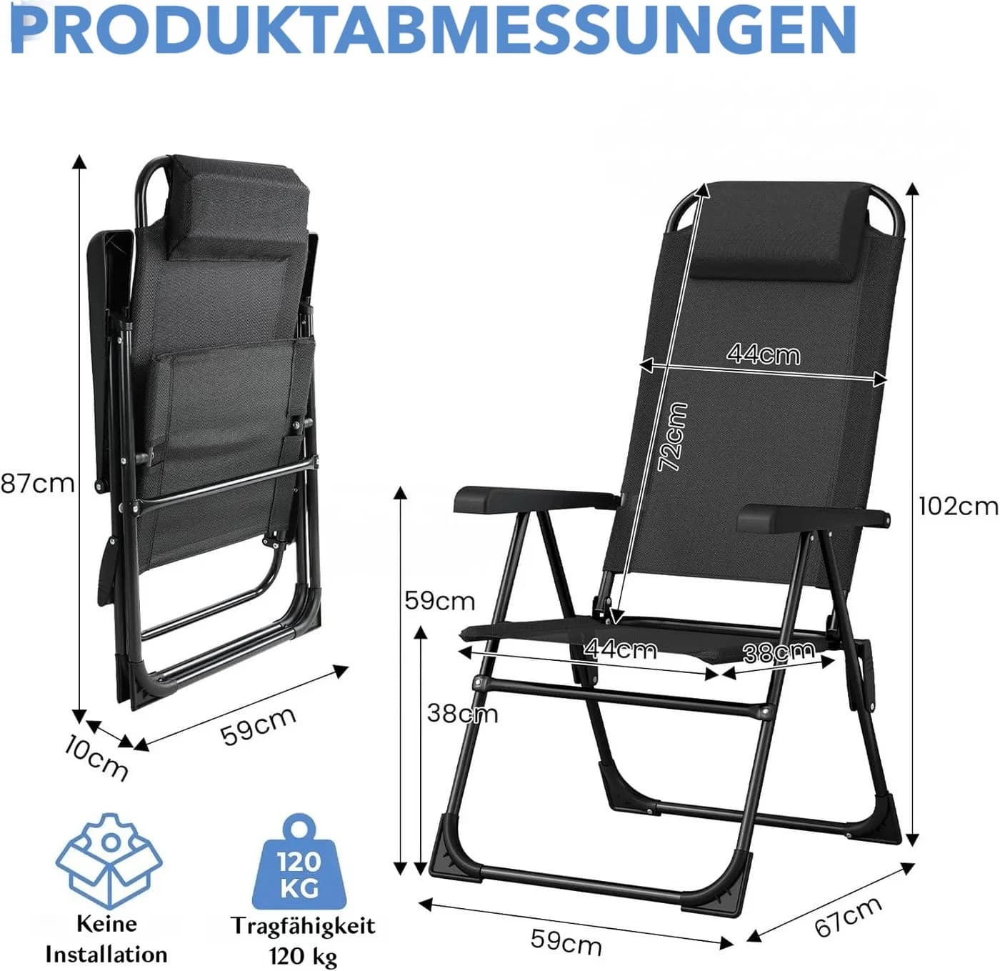 TLGREEN Klappstuhl mit Kopfkissen, 5-stufig verstellbar, Schwarz - Bild 3
