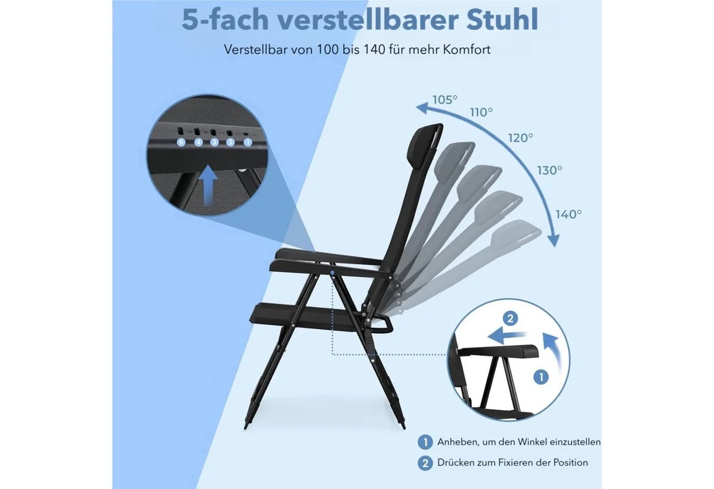 TLGREEN Klappstuhl mit Kopfkissen, 5-stufig verstellbar, Schwarz - Bild 5