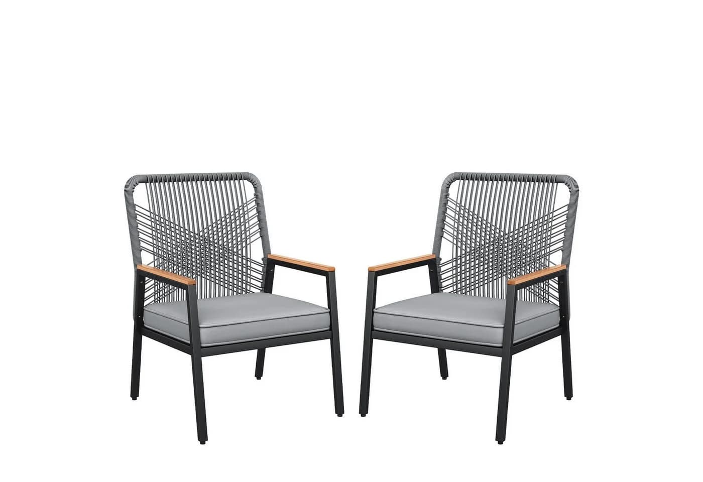 TLGREEN Gartenstuhl Eisen-Rattan Grau 2er Set mit Kissen