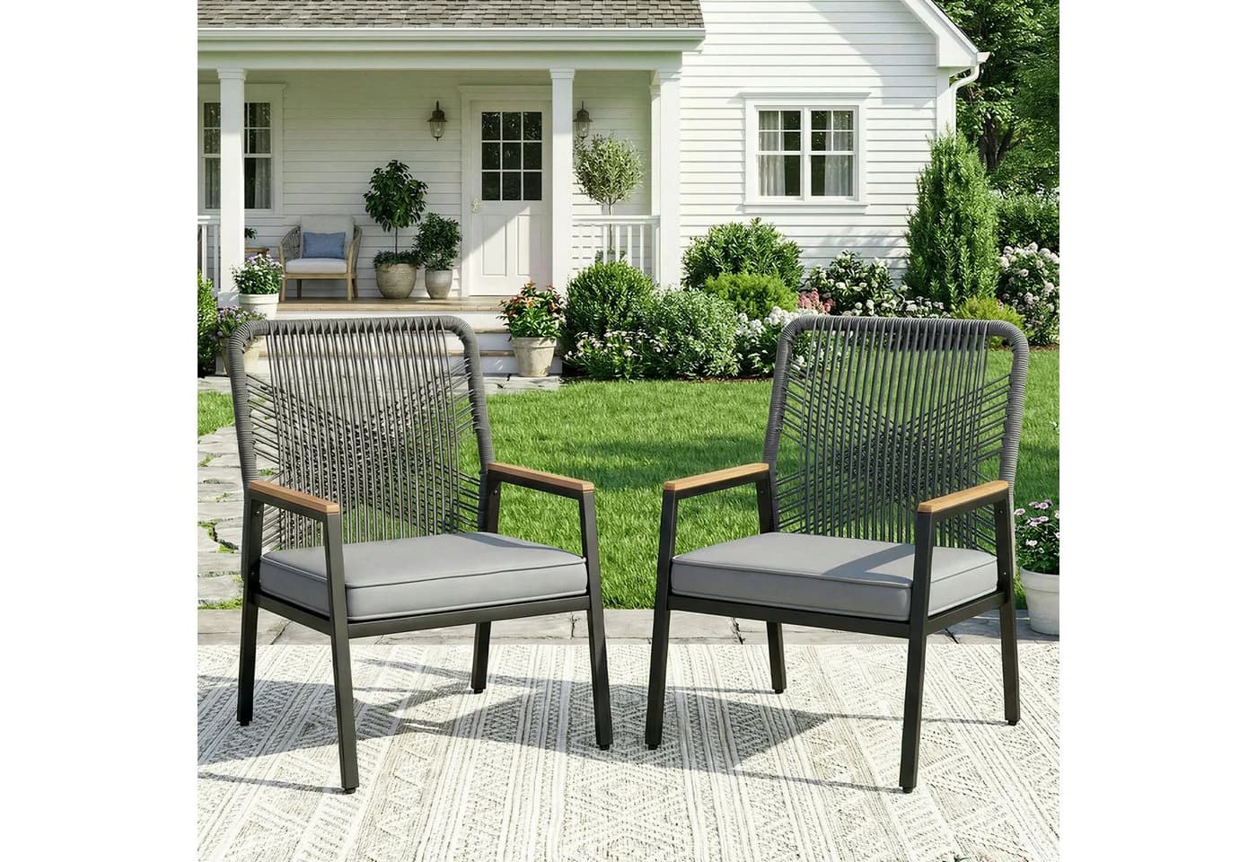 TLGREEN Gartenstuhl Eisen-Rattan Grau mit 8 cm Kissen