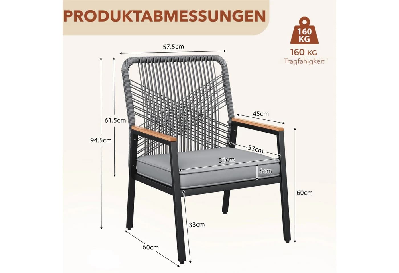 TLGREEN Gartenstuhl Eisen-Rattan Grau mit 8 cm Kissen - Bild 3