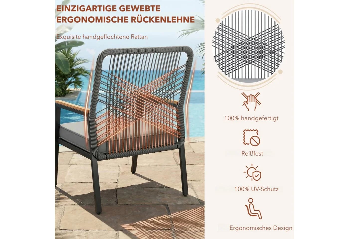 TLGREEN Gartenstuhl Eisen-Rattan Grau mit 8 cm Kissen - Bild 5