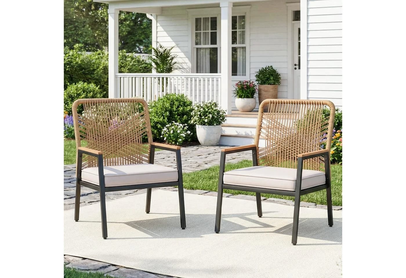 TLGREEN Gartenstuhl Eisen-Rattan Beige mit 8 cm Kissen
