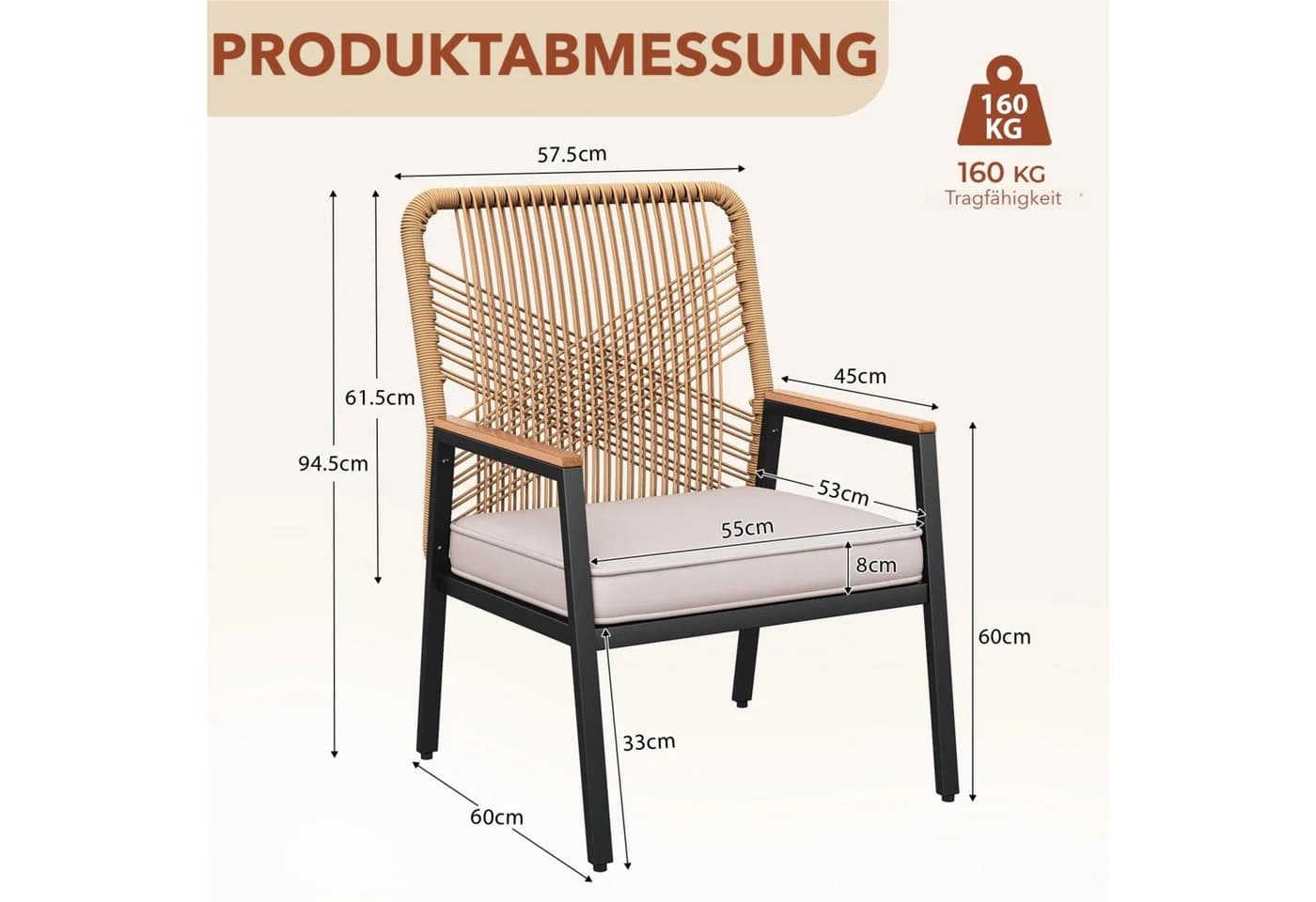TLGREEN Gartenstuhl Eisen-Rattan Beige mit 8 cm Kissen - Bild 3