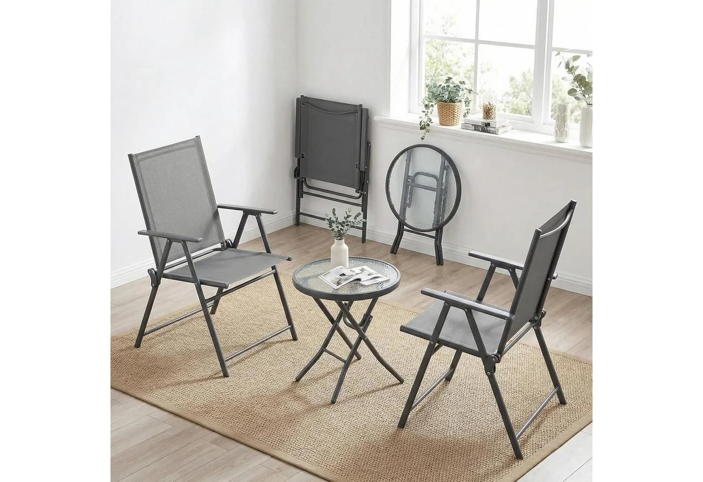 TLGREEN Balkonset 3-tlg. Klappbar mit Glastisch Grau