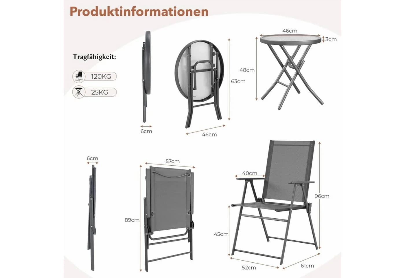 TLGREEN Balkonset 3-tlg. Klappbar mit Glastisch Grau - Bild 3