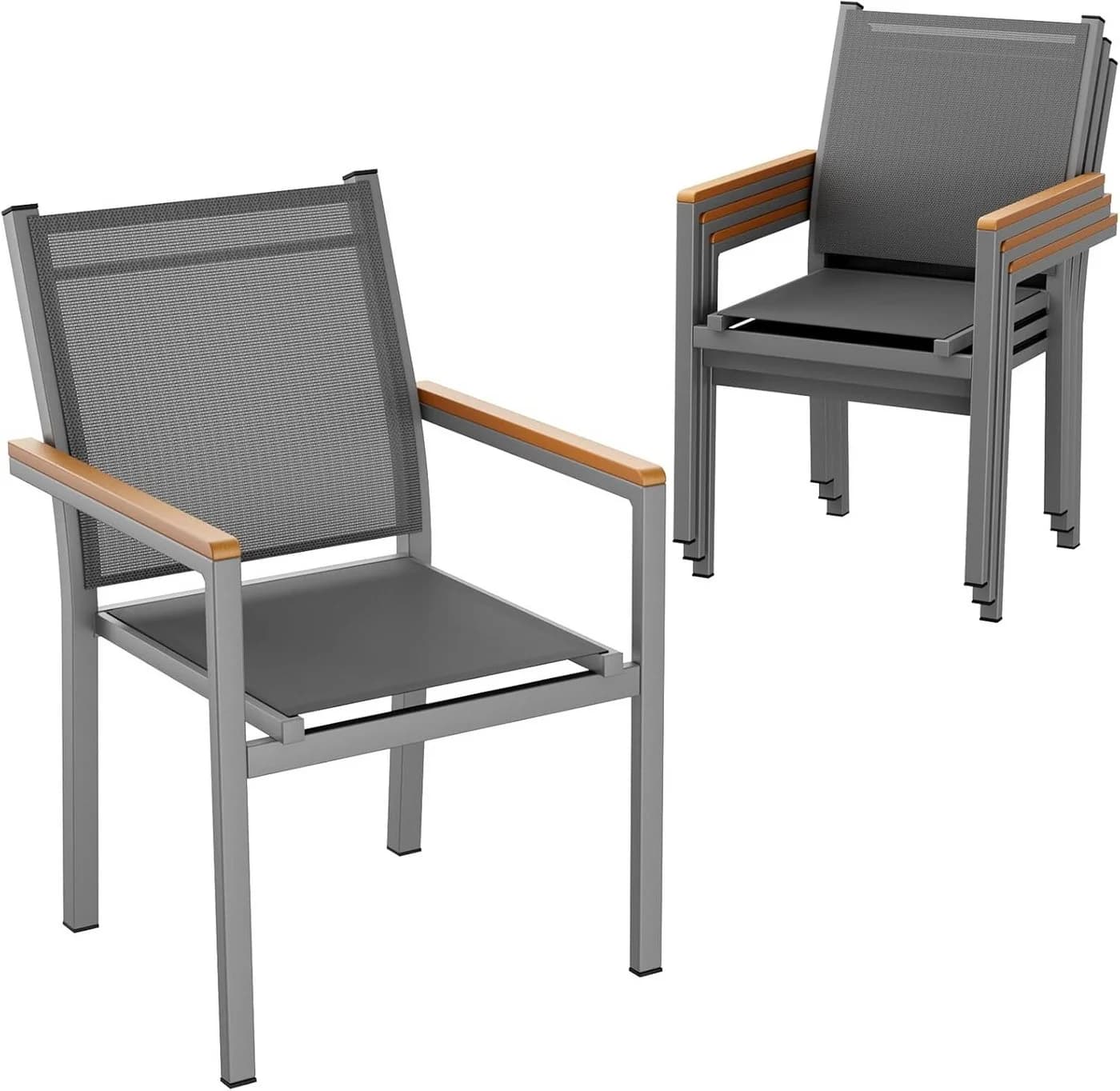 TLGREEN Stapelstuhl Aluminium Outdoor mit WPC-Armlehnen Grau - Bild 2