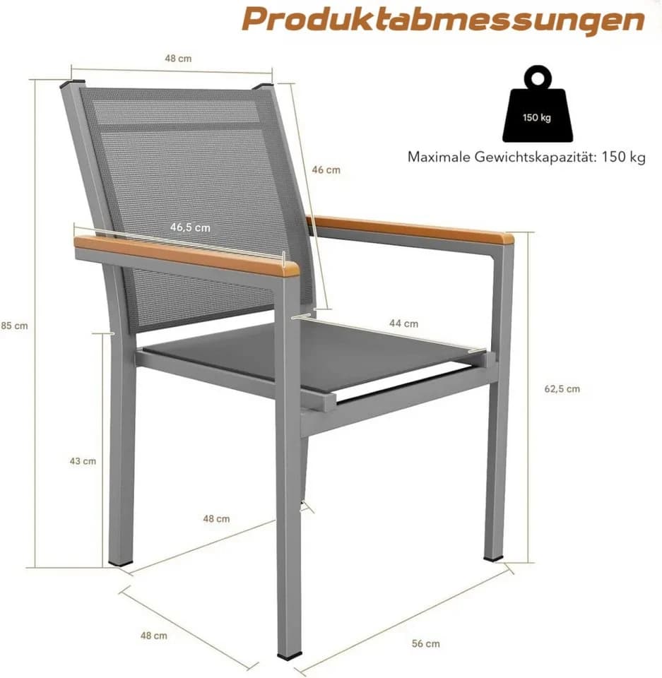 TLGREEN Stapelstuhl Aluminium Outdoor mit WPC-Armlehnen Grau - Bild 3