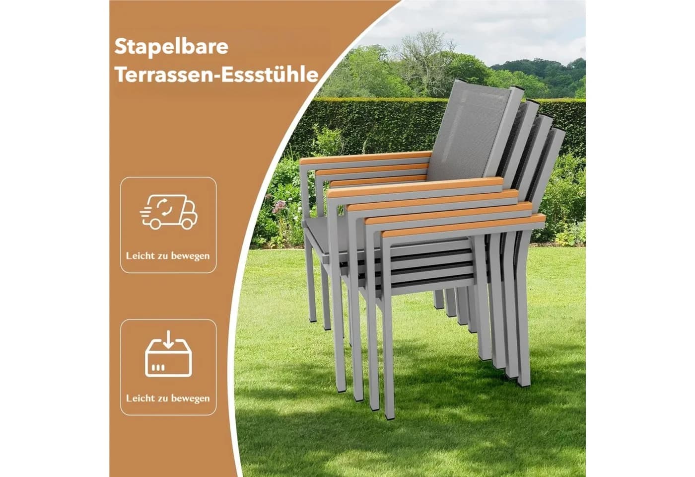 TLGREEN Stapelstuhl Aluminium Outdoor mit WPC-Armlehnen Grau - Bild 5
