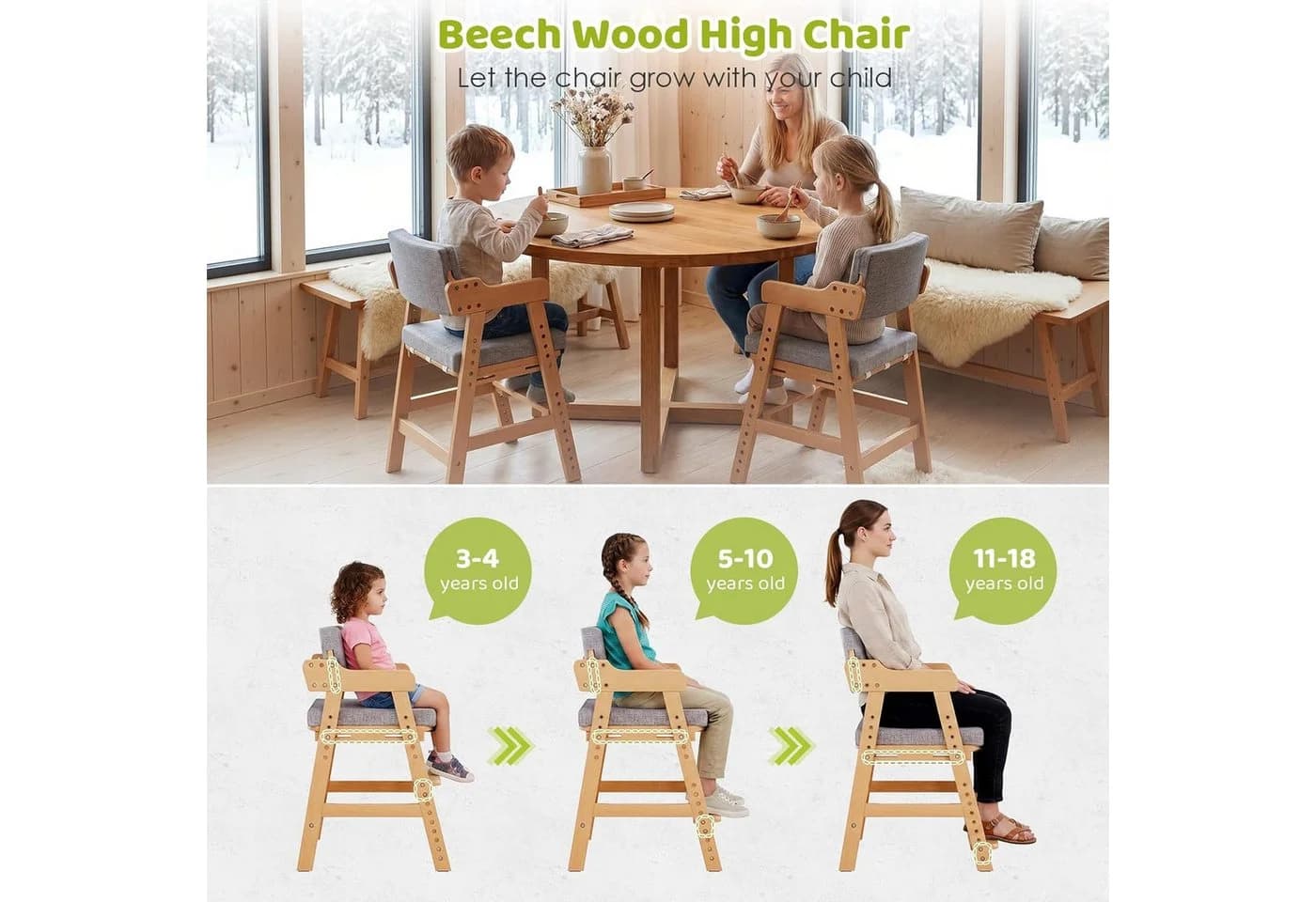 TLGREEN Höhenverstellbarer Kinderstuhl aus Buche - Bild 3