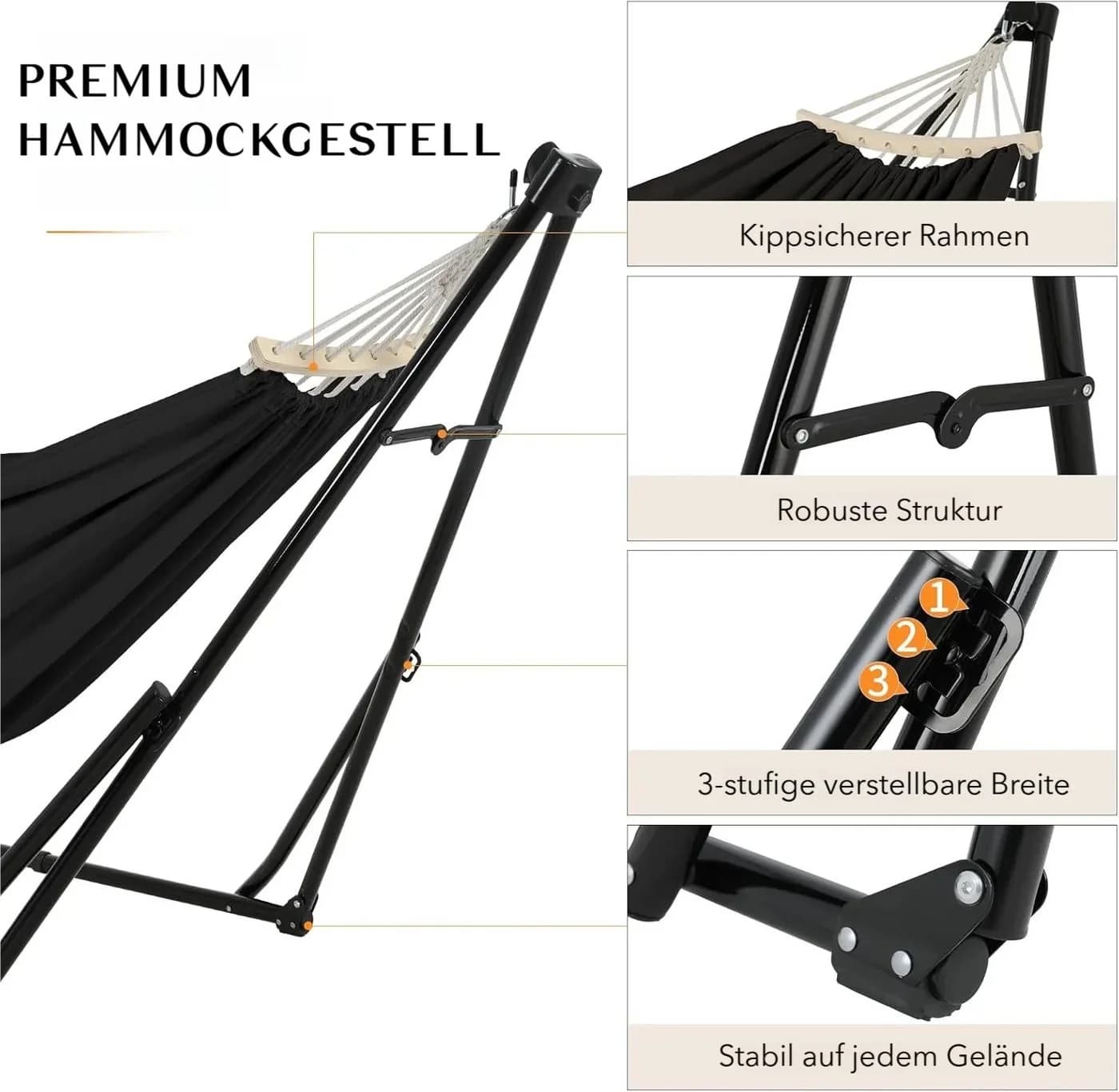 TLGREEN Hängematte mit Gestell 2-in-1 Schwarz Grau Beige - Bild 4